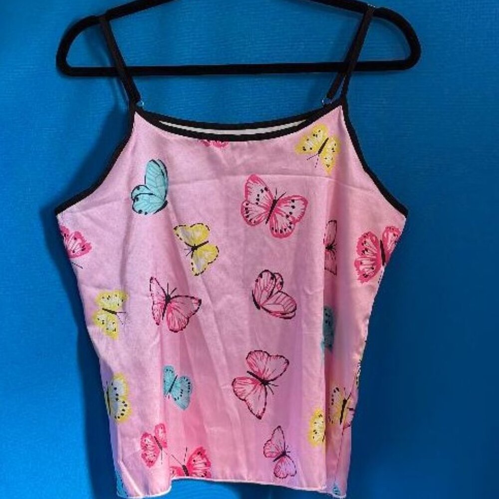 GUC ~ PINK TANK TOP WITH PINK YELLOW BLUE BUTTERFLIES / BUTTERFLY SIZE L / LARGE